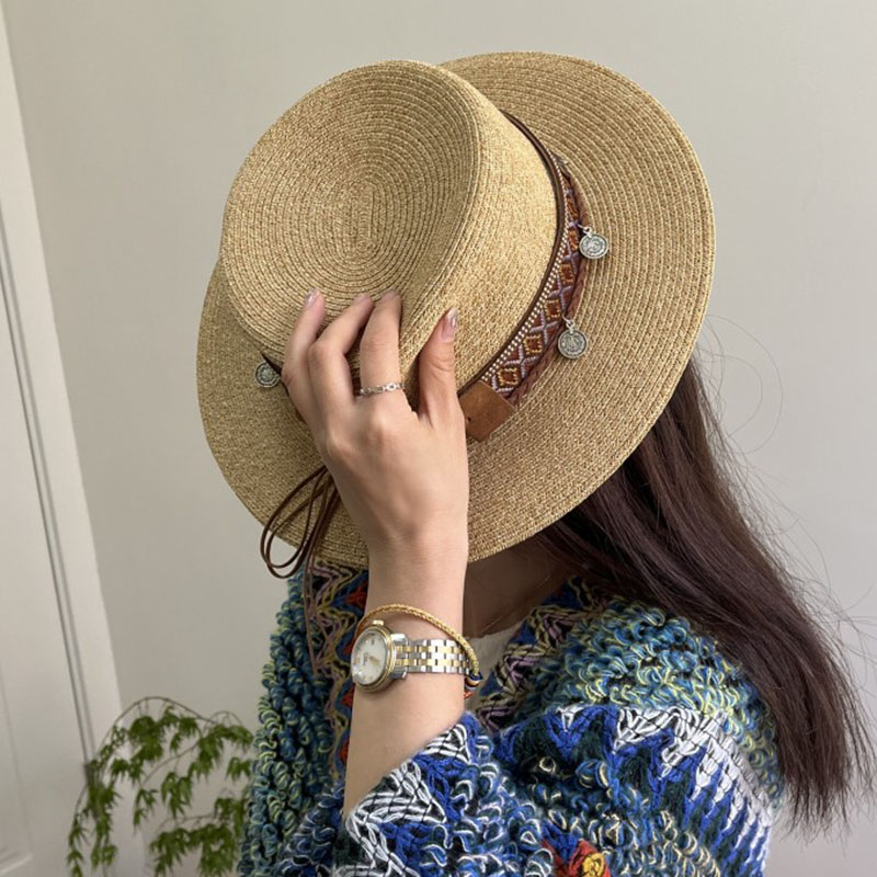 Fashion Coins Woven Flat Brim Straw Hat