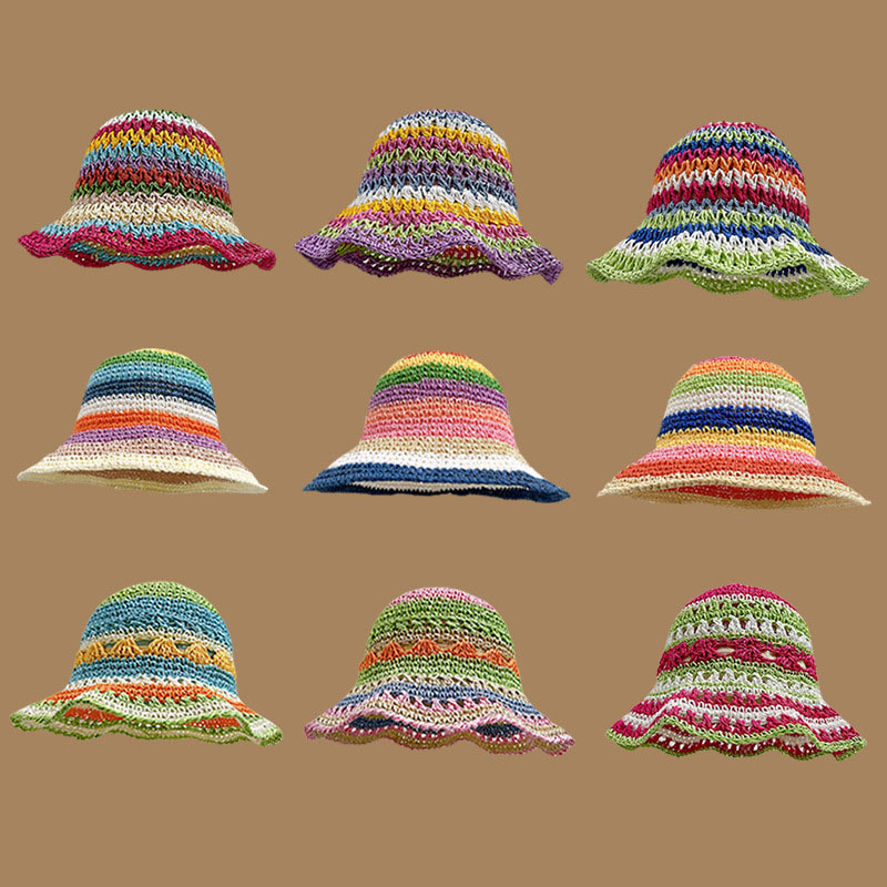 Fashion 【contrast Stripes】 Rainbow Stripe Wide Brim Straw Hat