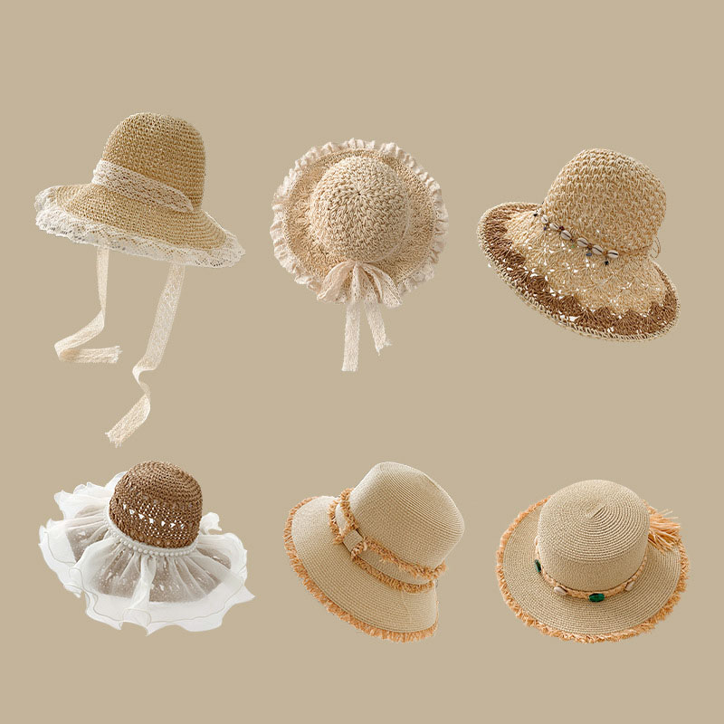 Fashion Khaki Floral Short Lace Lace Straw Sun Hat