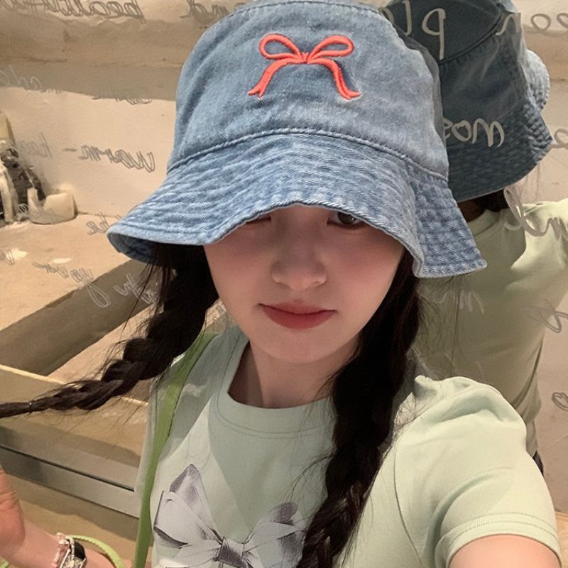 Fashion Navy Blue Denim Bow Embroidered Sun Hat