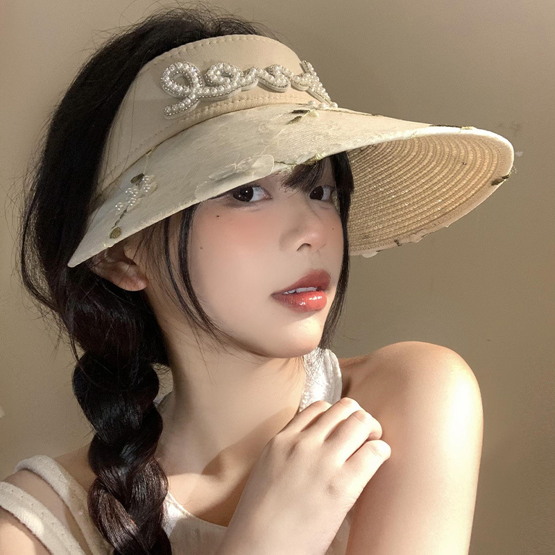 Fashion Beige Lace Flower Pearl Hollow Top Straw Hat