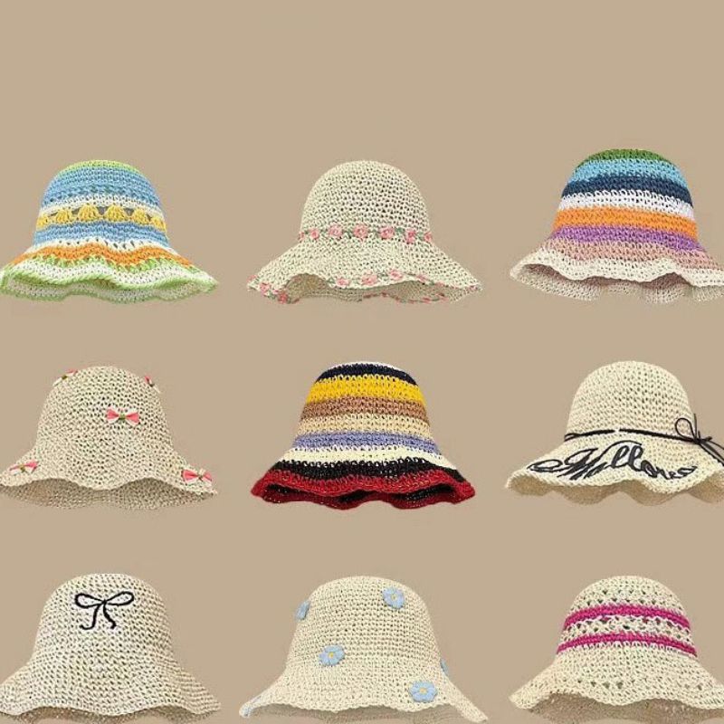 Fashion Double Straw Hat Beige Rose Red Lace Straw Wide Brim Sun Hat