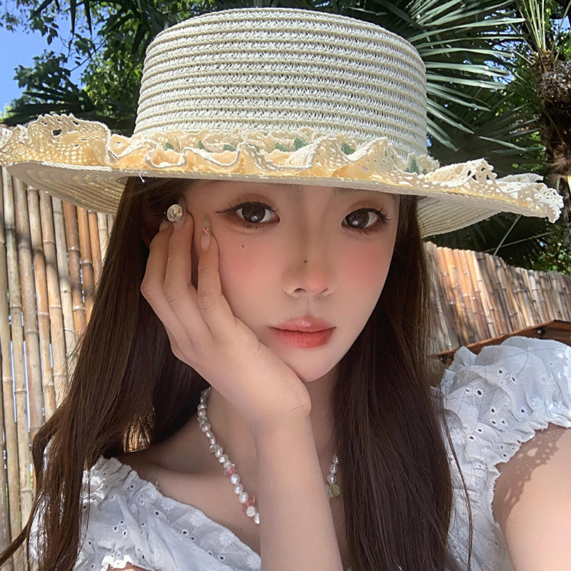 Fashion Khaki Lace Trim Wide Brim Straw Hat