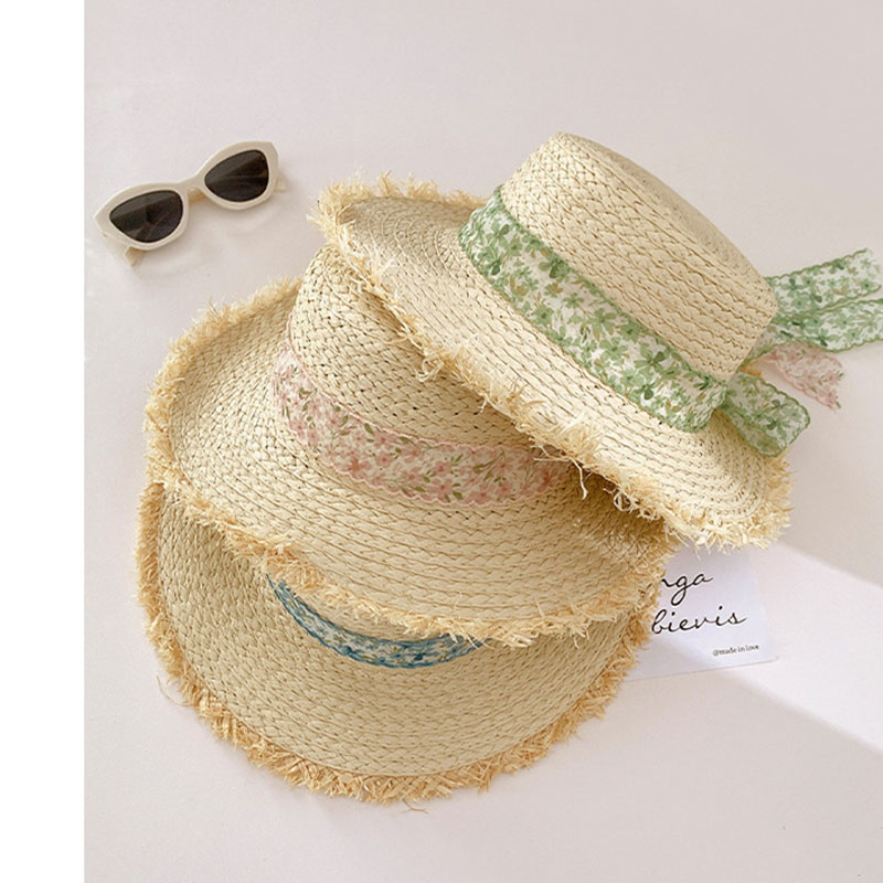 Fashion Off-white-blue Ribbon Lace Tie Flat Top Wide Brim Straw Hat