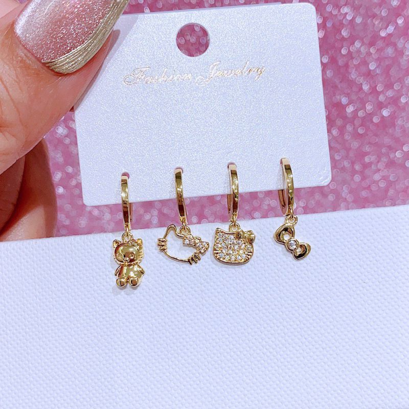 Fashion Golden Cat 4-piece Set Copper Inlaid Zirconium Geometric Earrings Set