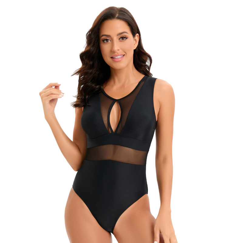 Fashion Black Mesh Hollow One-piece Swimsuit
