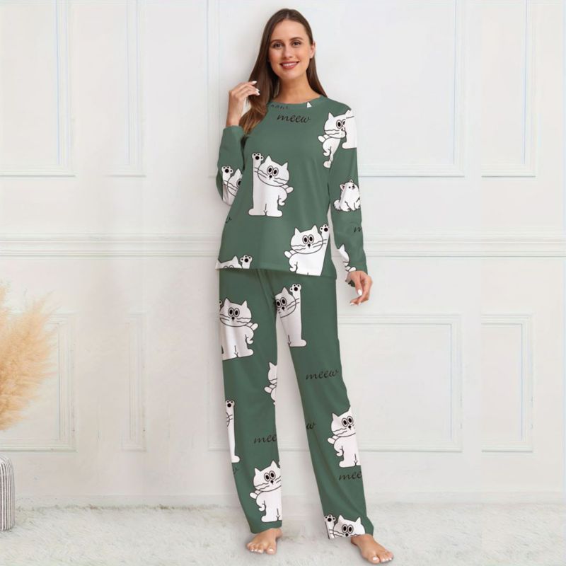 Conjunto De Pijama De Pantalones Largos De Manga Larga Con Estampado De Poliéster