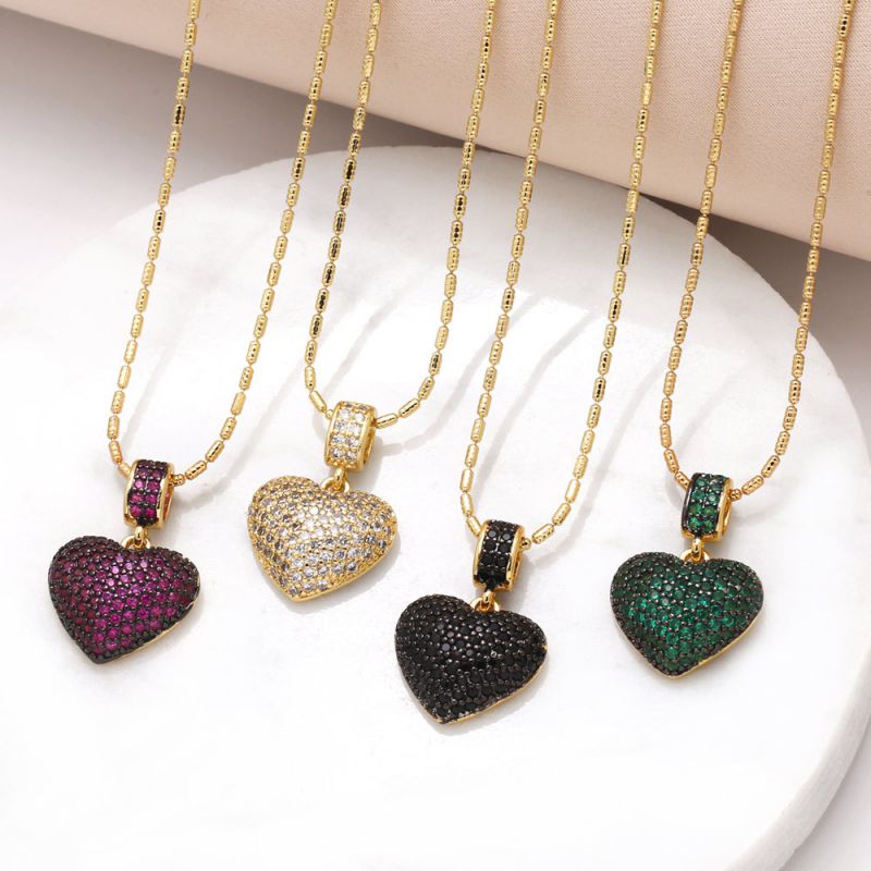 Fashion Rose Red Copper Plated Gold Heart Necklace With Diamonds