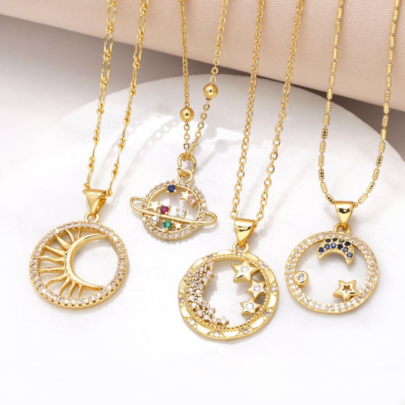 Fashion A Copper Plated Gold And Diamond Moon Necklace