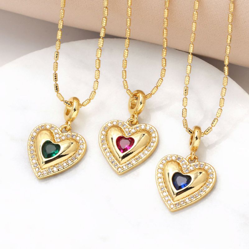 Fashion Green Copper Plated Gold Heart Necklace With Diamonds
