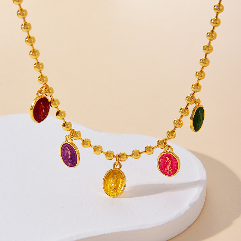 Collar De Cuentas Con Colgante De Retrato Redondo Con Gota De Aceite De Acero Y Titanio (3 Mm)