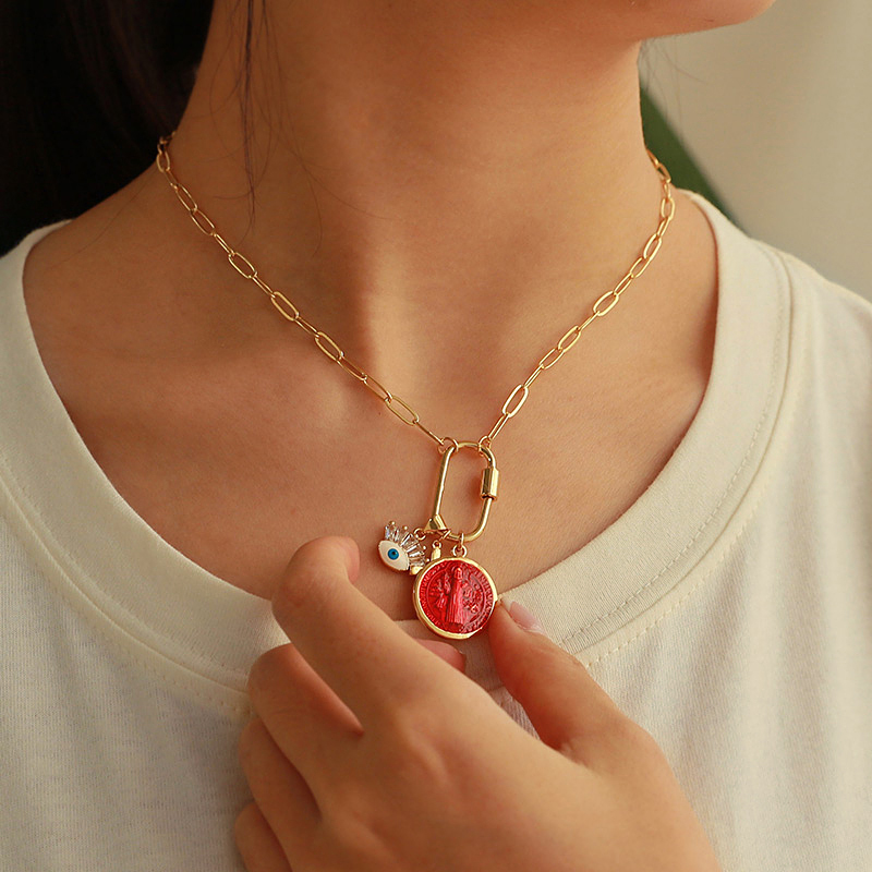 Collar Con Colgante De Retrato De Doble Cara Con Ojos Que Gotean Aceite De Circonio Con Incrustaciones De Cobre