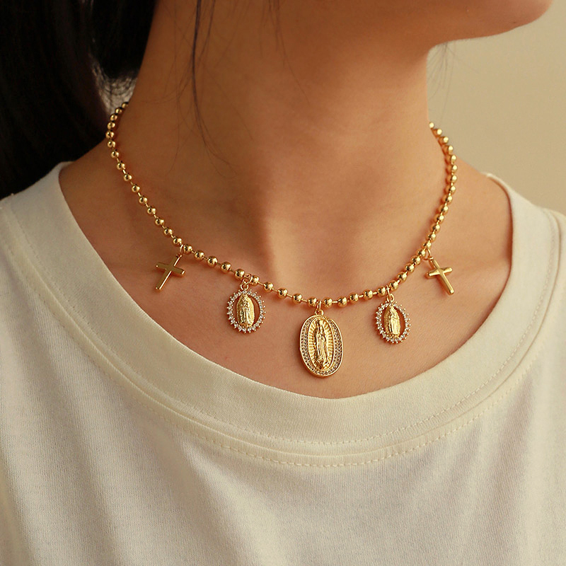 Collar De Cuentas Con Colgante De Cruz Con Retrato De Circonio Y Incrustaciones De Cobre (3 Mm)
