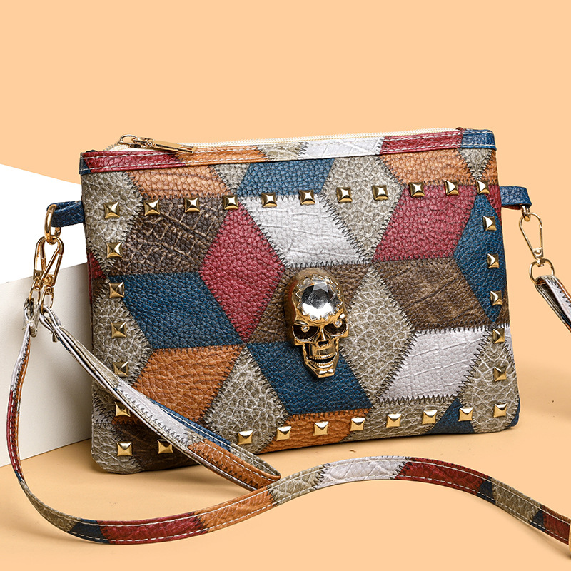 Fashion Color Matching Pu Rivet Skull Large Capacity Crossbody Bag