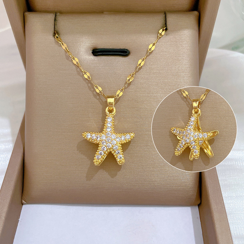 Fashion Titanium Steel Chain With Copper Micro-inlaid Pendant Titanium Steel Necklace With Starfish Pearl And Diamond Pendant