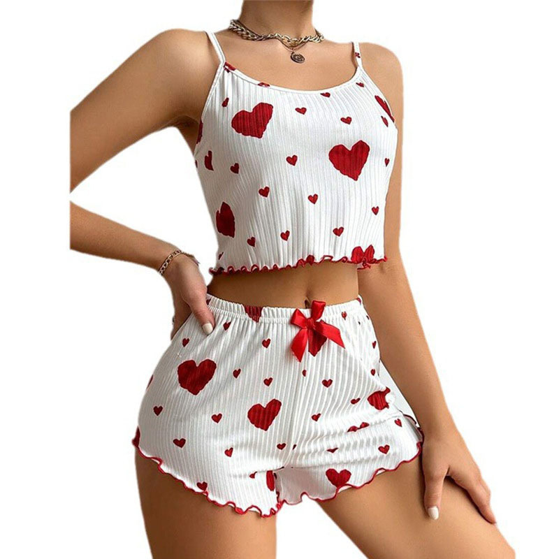 Conjunto De Pijama Con Pantalones Cortos Y Mono Con Estampado De Corazones