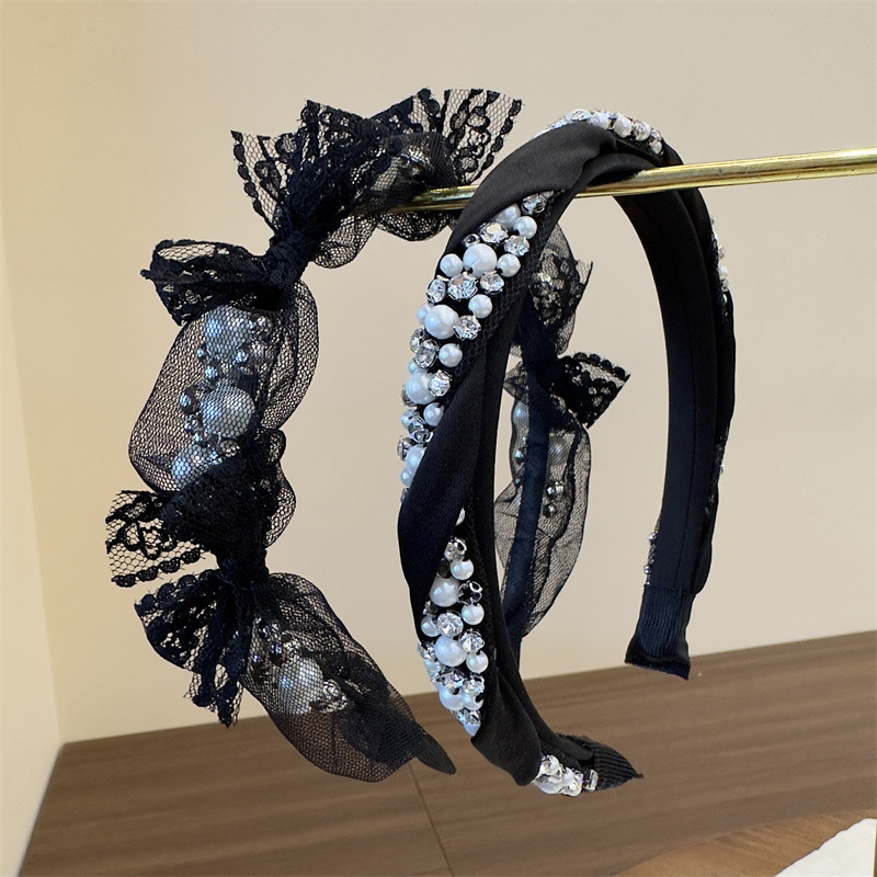 Diadema Con Perlas Y Lazo De Malla De Encaje