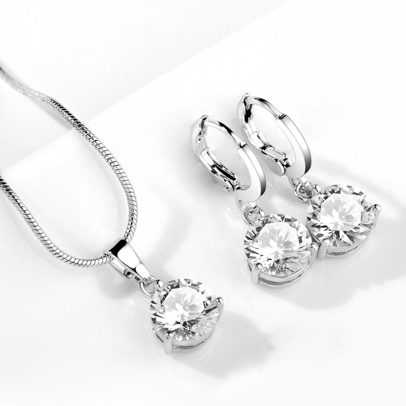 Fashion No. 1 White Copper Round Diamond Necklace And Earring Set