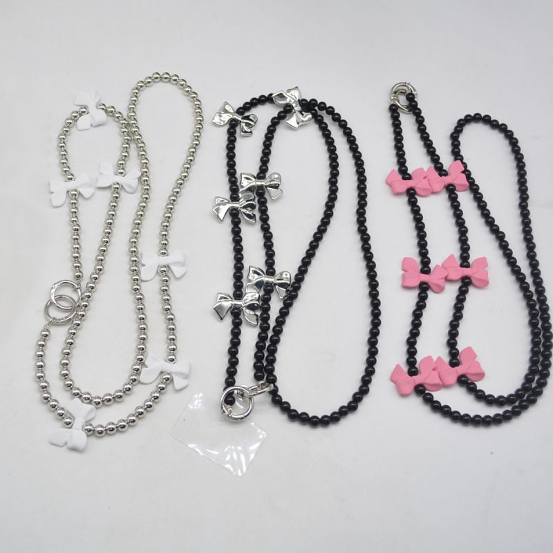 Fashion Pink Metal Geometric Beaded Bow Phone Chain