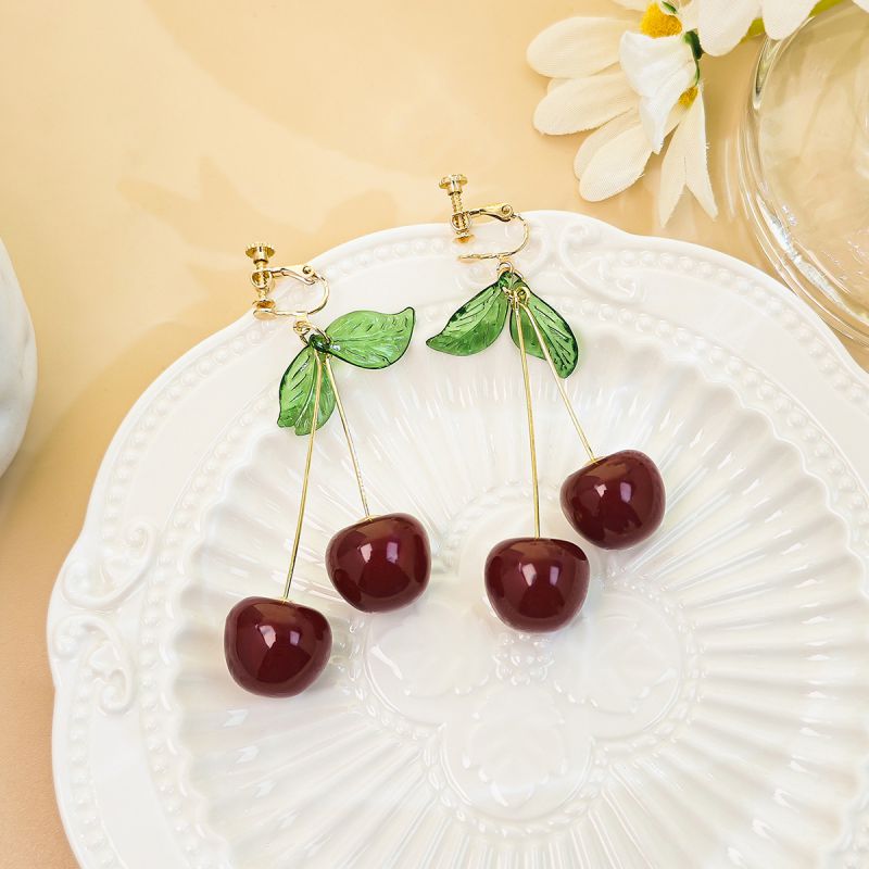 Fashion Red Resin Cherry Clip Earrings