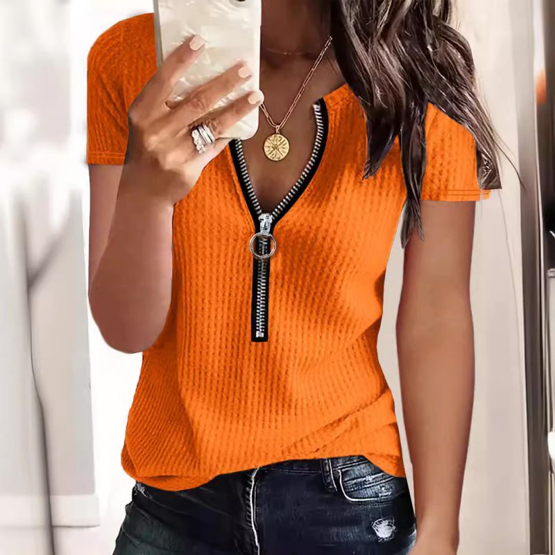Fashion Black Zippered Waffle Short Sleeves