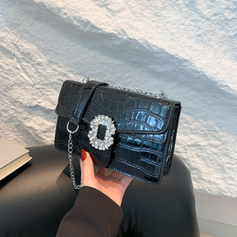 Fashion Red Pu Diamond Lock Crocodile Pattern Crossbody Bag