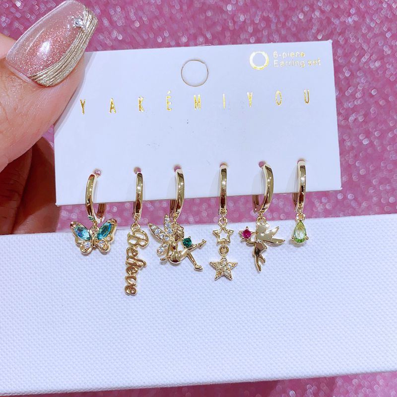 Fashion Butterfly Fairy Copper Inlaid Zirconium Geometric Earrings Set