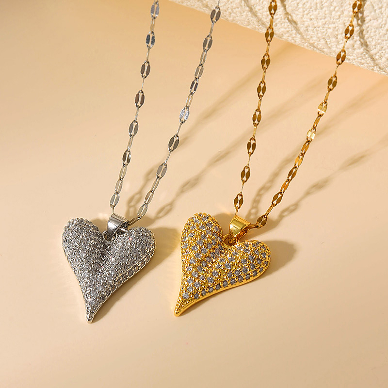 Collar Con Colgante De Corazón De Circonio Y Acero De Titanio Con Incrustaciones