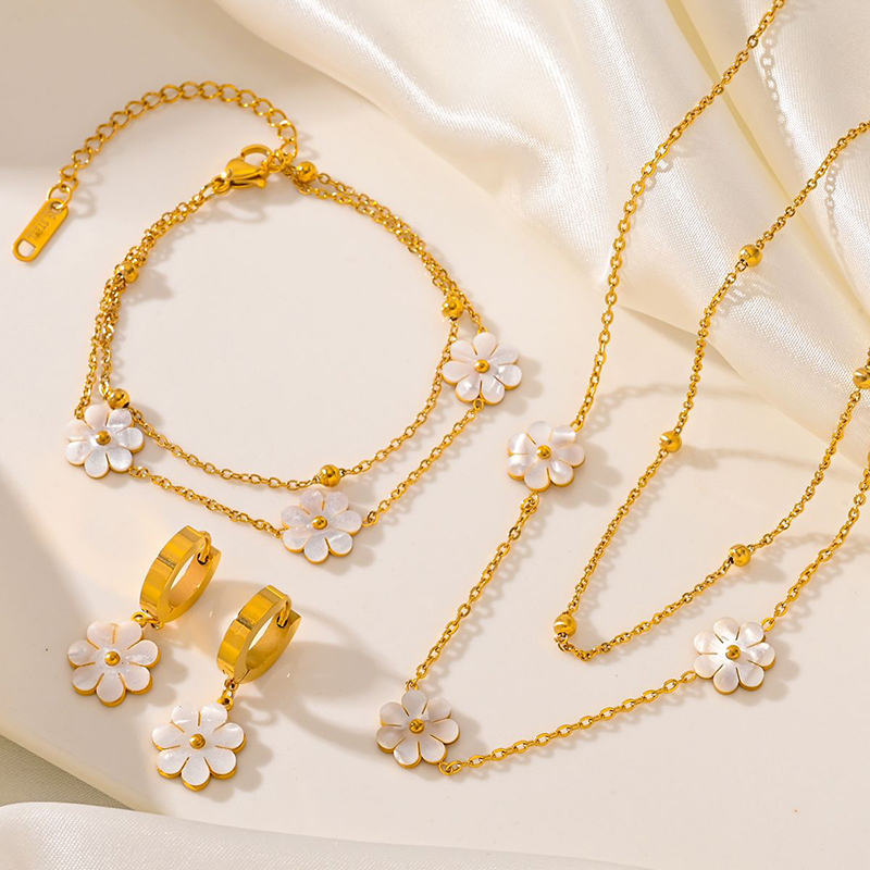Fashion Golden Chrysanthemum White Shell Earrings A803 Stainless Steel Flower Hoop Earrings