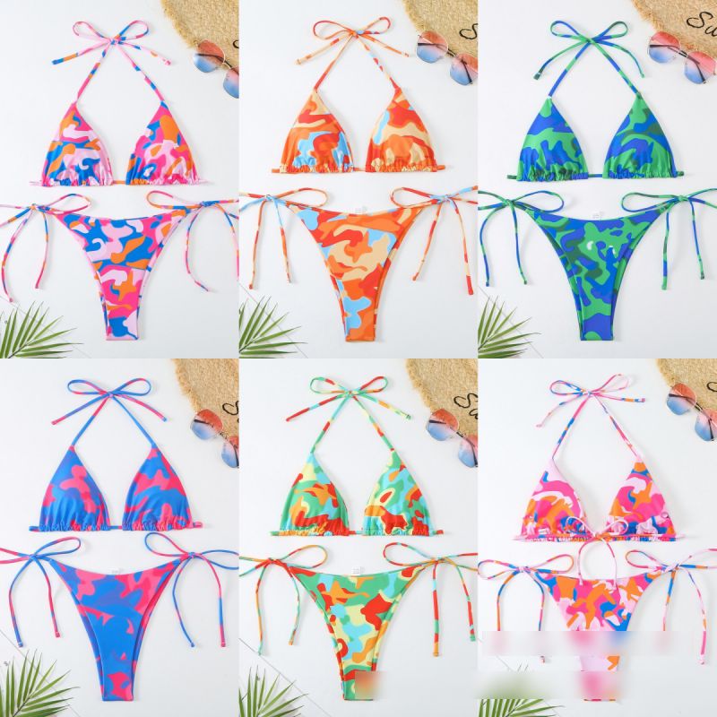 Fashion 1# Polyester Printed Lace-up Two-piece Swimsuit Bikini