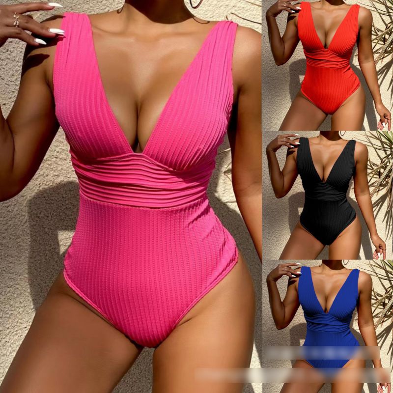 Fashion Red Polyester Striped Swimsuit