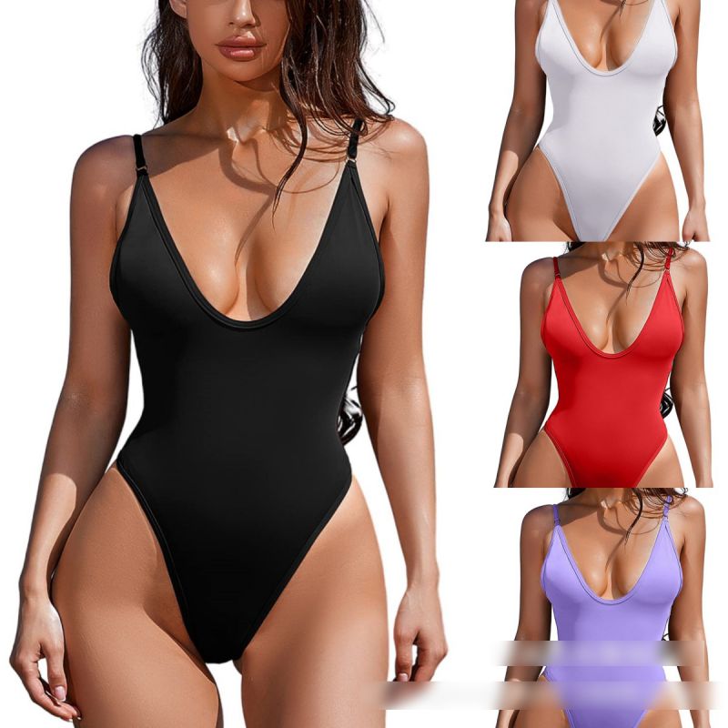 Fashion Rose Red Polyester V-neck One-piece Swimsuit
