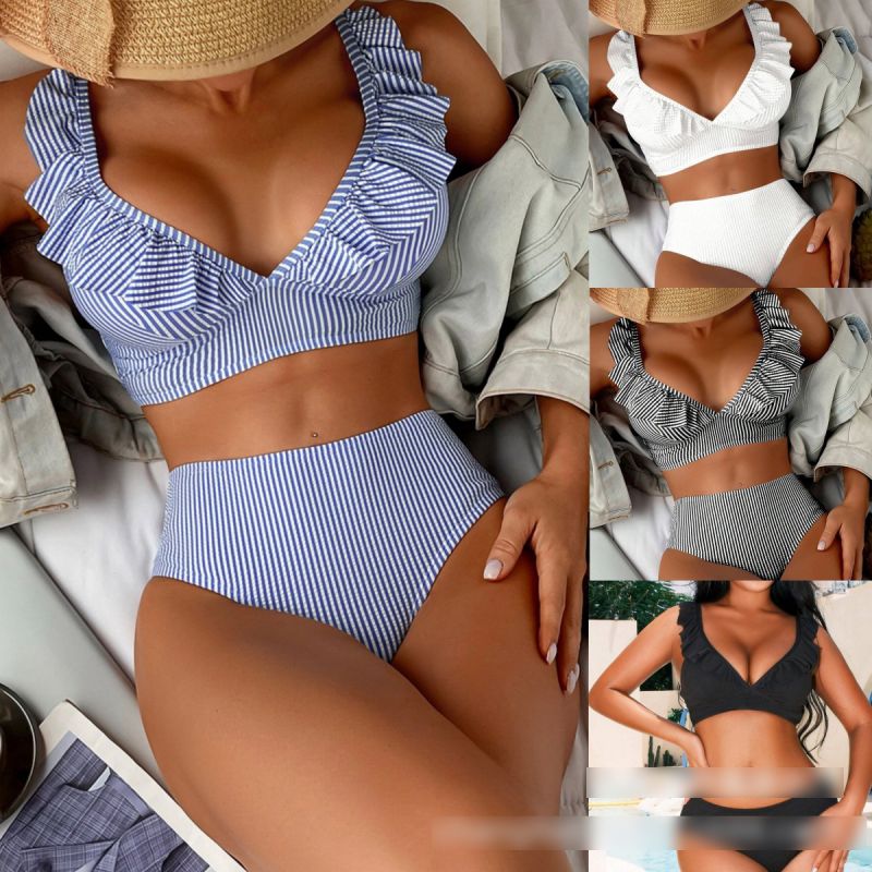 Fashion Green Striped High Waisted Two-piece Swimsuit