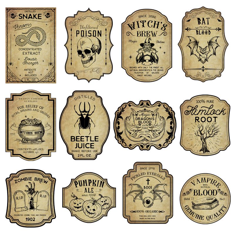 Fashion Halloween Decoration Props Retro Bottle Stickers Halloween Paper Stickers Wine Bottle Stickers