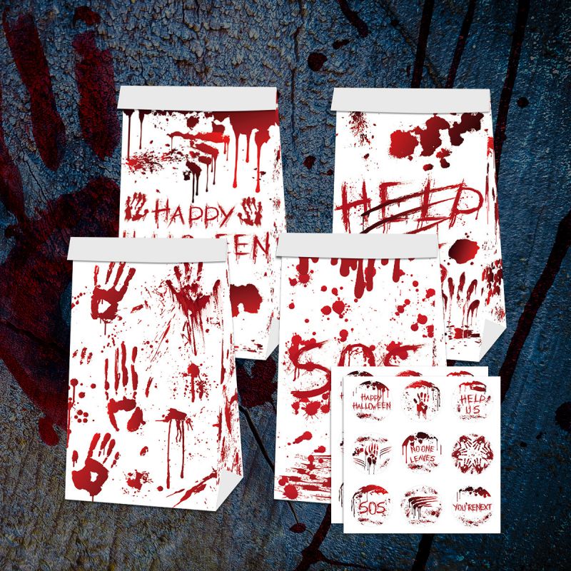 Fashion Halloween Horror Blood Handprint Stickers Self-adhesive Paper Bag Stickers Decorative Props Party Supplies Halloween Printed Paper Bag
