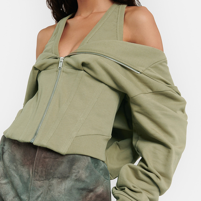 Sudadera Con Cuello En U Manga Larga Costuras En Espiga Capucha Y Cremallera