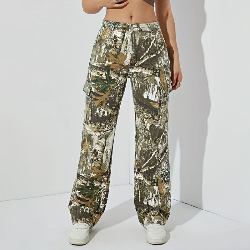Fashion Color Printed Pocket Cargo Straight Jeans
