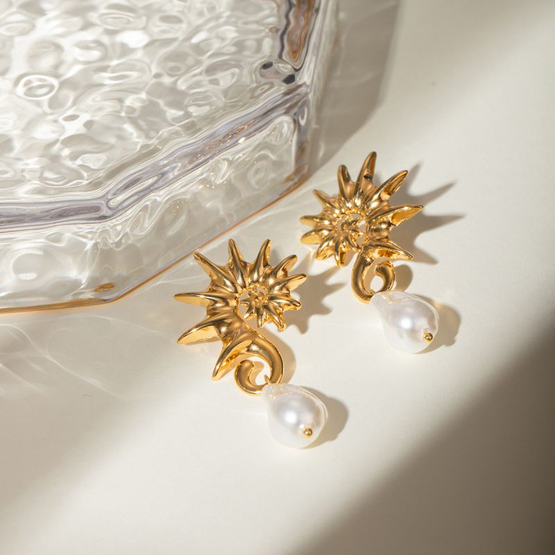 Fashion Gold Stainless Steel Seahorse Shaped Pearl Earrings