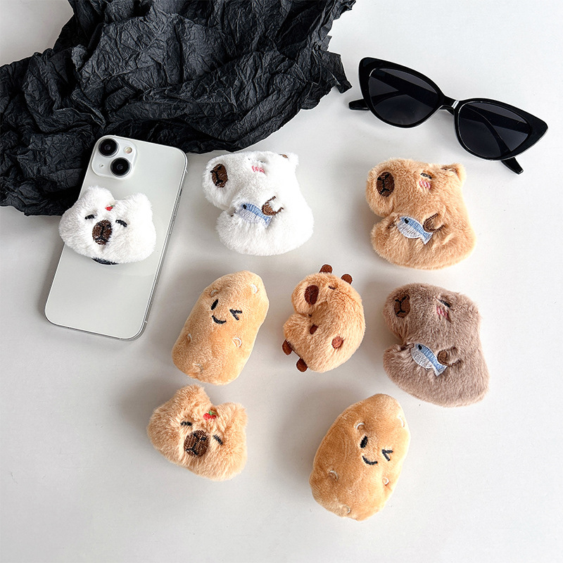 Fashion Black Stand- Plush Capybara- Holding Fish Sideways- White Plush Doll Mobile Phone Airbag Holder