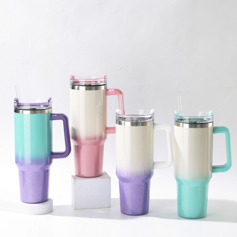 Fashion Rainbow Paint Light Pink Stainless Steel Large Capacity Handle Thermos Cup