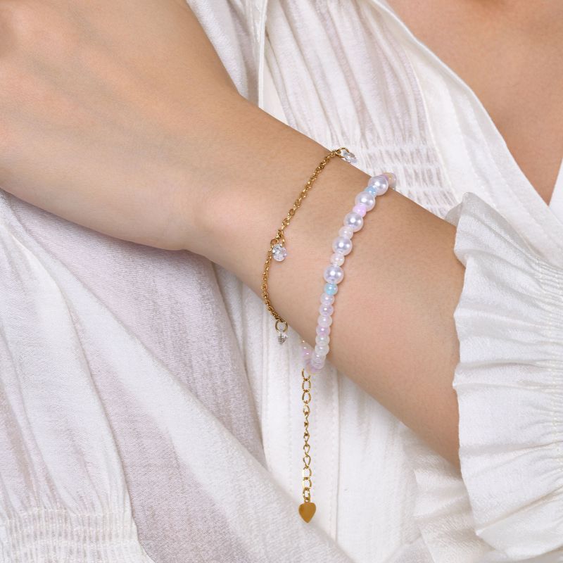Fashion Gold Stainless Steel Beaded Double Layer Bracelet