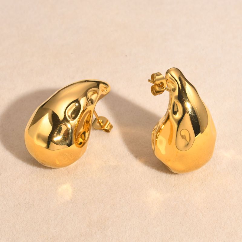 Fashion Gold Stainless Steel Wrinkled Teardrop Earrings