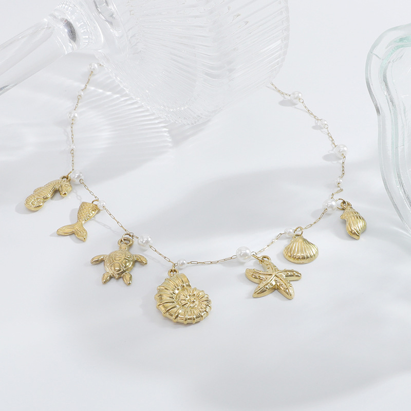 Fashion Xl33104 Stainless Steel Starfish Shell Conch Necklace