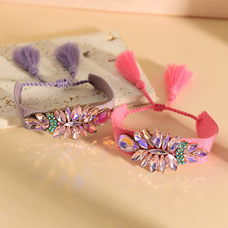 Fashion Purple Alloy Diamond Geometric Braided Drawstring Tassel Bracelet