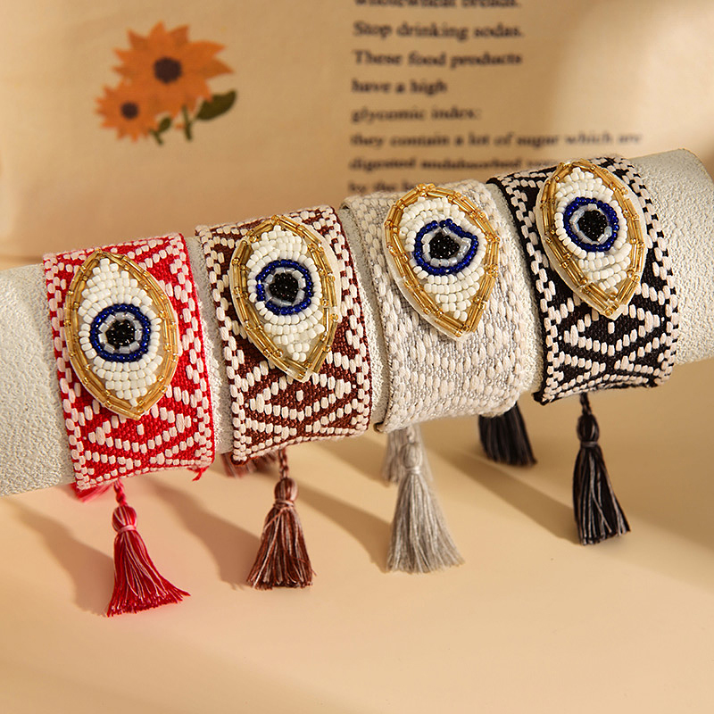 Fashion Red Rice Bead Eyes Braided Drawstring Tassel Bracelet