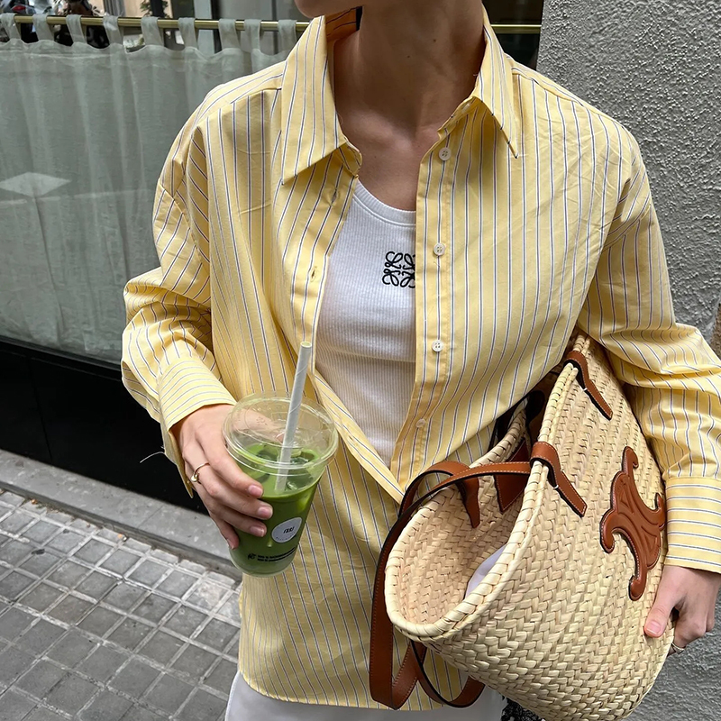 Fashion Yellow Polyester Lapel Button-down Shirt