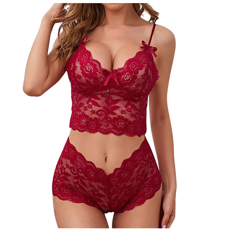Fashion Claret See-through Lace Camisole Panty Set