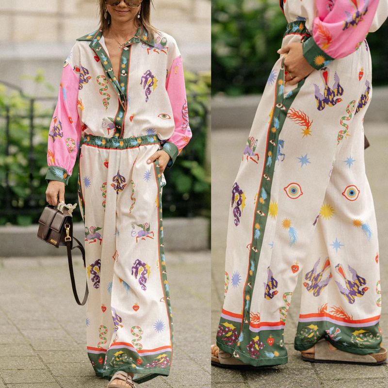Conjunto De Camisa Y Pantalón Con Solapa Estampada De Poliéster