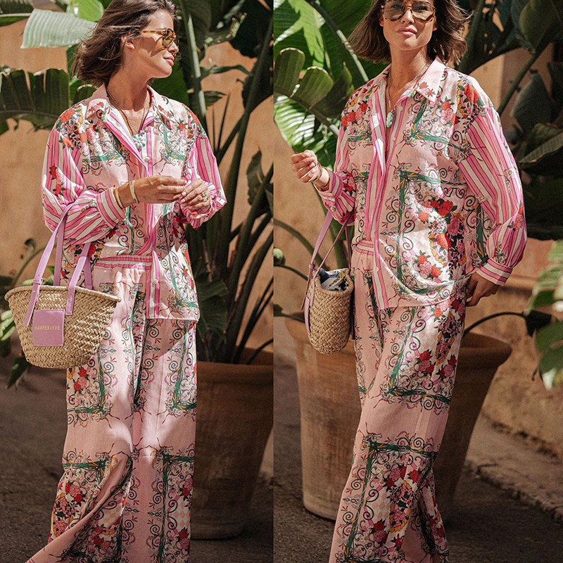 Conjunto De Camisa Y Pantalón Con Solapa Estampada De Poliéster