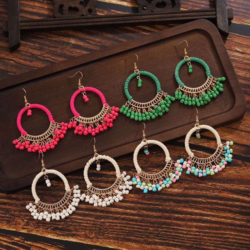 Fashion Pink Woven Rice Bead Tassel Round Earrings